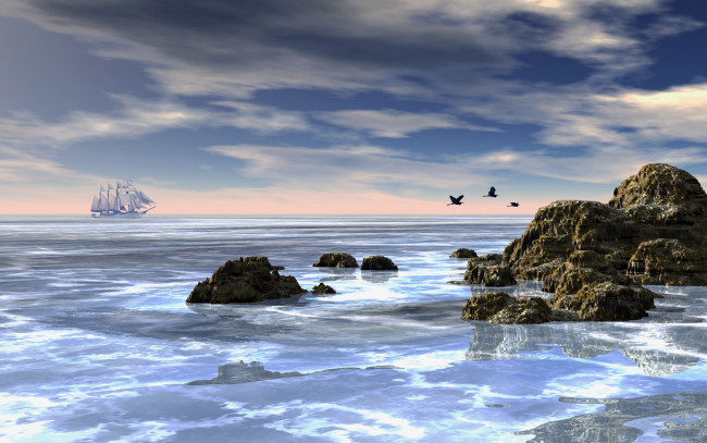 Обои картинки фото 3д графика, море , sea, облака, море, небо, птицы, парусник, камни