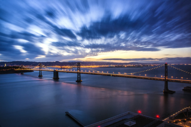 Обои картинки фото города, - мосты, california, san, francisco, usa, bay, bridge, облака, небо, закат, вечер, освещение, огни, порт, залив, мост, калифорния, сан-франциско, сша