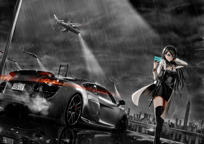 Обои картинки фото аниме, оружие,  техника,  технологии, adamhutt, свет, вертолёты, улица, девушка, дождь, ауди, арт, shijiu, автомобиль, ночь