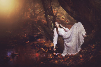 Картинка девушки -unsort+ креатив настроение осень бабочки ручей дерево лес платье девушка