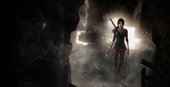 Обои картинки фото видео игры, rise of the tomb raider, девушка, фон, взгляд, оружие