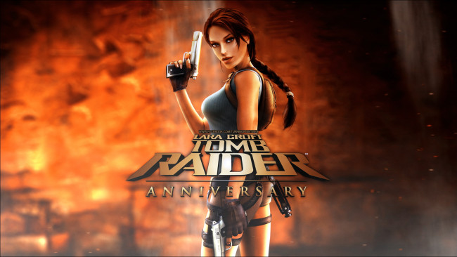 Обои картинки фото видео игры, tomb raider,  anniversary, девушка, фон, взгляд, оружие
