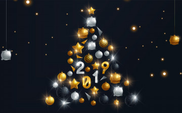 обоя с новым 2019 годом, праздничные, 3д графика , новый год, новогодняя, елка, 4к, золотые, украшения, из, шариков, с, новым, годом