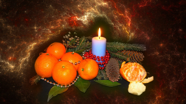 Обои картинки фото праздничные, угощения, мандарины, ель, свеча