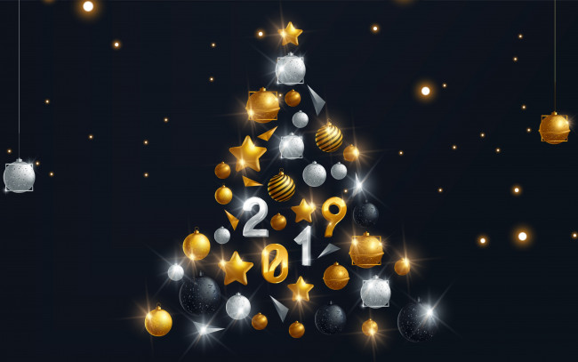 Обои картинки фото с новым 2019 годом, праздничные, 3д графика , новый год, новогодняя, елка, 4к, золотые, украшения, из, шариков, с, новым, годом