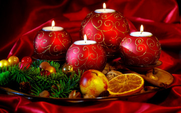 обоя праздничные, новогодние свечи, композиция, свечи, шарики