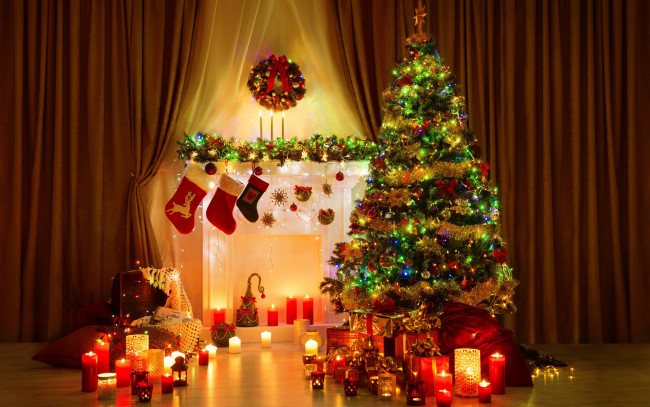 Обои картинки фото праздничные, ёлки, свечи, мишура, елка, венок