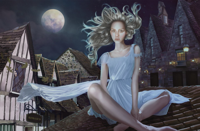 Обои картинки фото рисованное, люди, волосы, крыша, луна, взгляд, фон, девушка