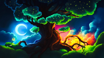 Картинка фэнтези пейзажи дерево месяц фонарь тучи