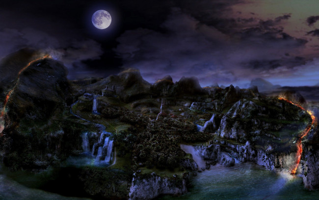 Обои картинки фото видео игры, gothic ii, ночь, луна, горы, водопады