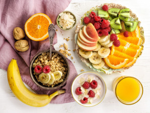 обоя еда, разное, завтрак, фрукты, ягоды, орехи, сок, мюсли