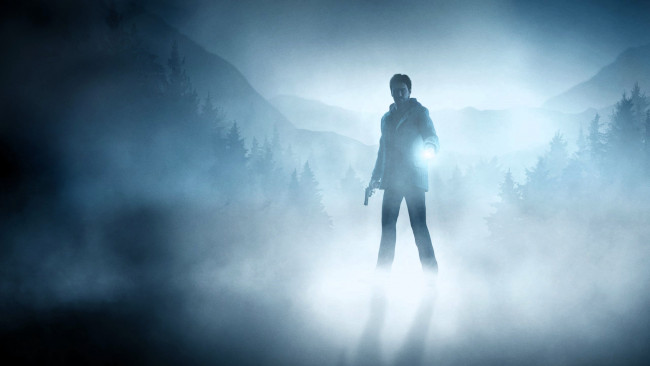 Обои картинки фото видео игры, alan wake, человек, фонарь, туман, пистолет, горы