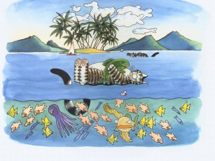 обоя kliban, cats, рисованные, bernard, осьминог, крокодил, остров, пальма, рыба, кот
