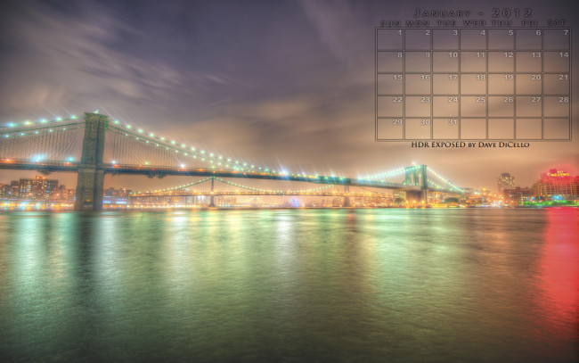 Обои картинки фото календари, города, вода, мост, огни