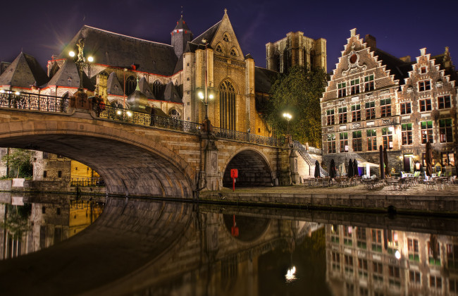 Обои картинки фото gent, belgium, города, огни, ночного, мост