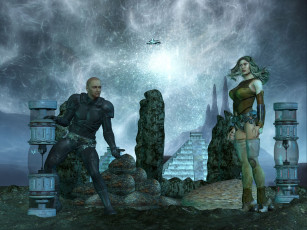 Картинка 3д графика fantasy фантазия девушка пирамида камни мужчина