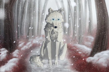 обоя рисованные, животные,  собаки, лес, снег, дорога, волк