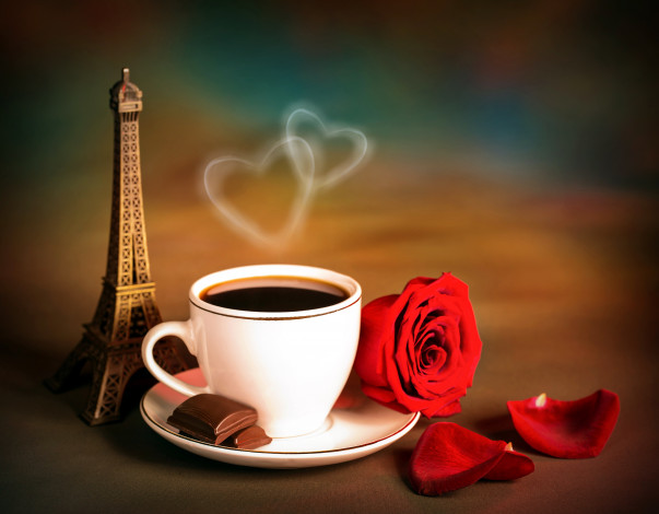 Обои картинки фото еда, кофе,  кофейные зёрна, эйфелева, башня, сердечки, шоколад, лепестки, роза