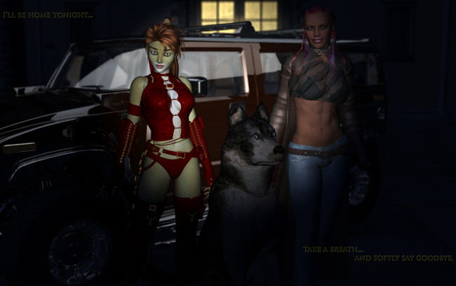 Обои картинки фото 3д графика, fantasy , фантазия, девушка, кошка, собака, автомобиль