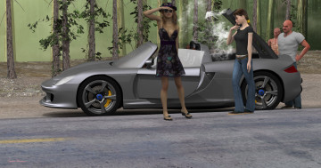 обоя автомобили, 3d car&girl, фон, взгляд, девушки, автомобиль
