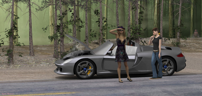 Обои картинки фото автомобили, 3d car&girl, девушки, взгляд, фон, автомобиль