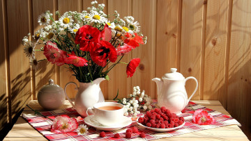 обоя еда, малина, цветы, букет, чай, ягоды
