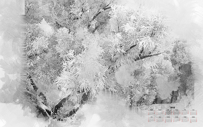 Обои картинки фото календари, компьютерный дизайн, зима, снег, деревья, 2018
