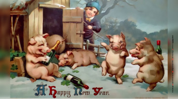 обоя календари, праздники,  салюты, свинья, бутылка, поросенок, мальчик