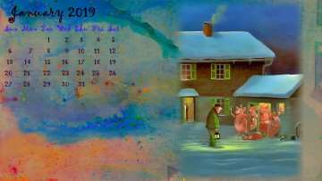 обоя календари, праздники,  салюты, дом, свинья, фонарь, поросенок, мужчина