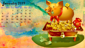 обоя календари, праздники,  салюты, золото, поросенок, деньги, свинья, монета