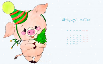 обоя календари, праздники,  салюты, свинья, поросенок, елка, колпак