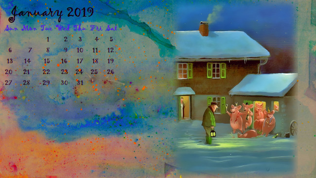 Обои картинки фото календари, праздники,  салюты, дом, свинья, фонарь, поросенок, мужчина