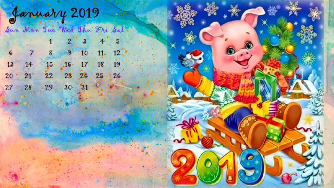 Обои картинки фото календари, праздники,  салюты, поросенок, одежда, санки, птица, зима
