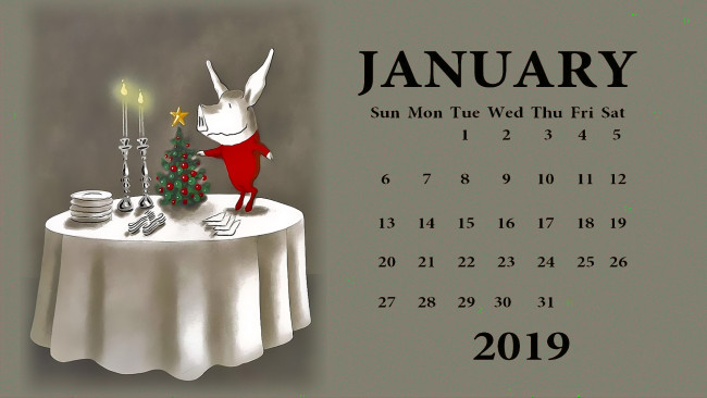 Обои картинки фото календари, праздники,  салюты, свинья, свеча, поросенок, стол, посуда, елка
