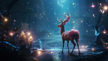 Картинка 3д+графика животные+ animals зима лес свет олень рождество новый год ии-арт нейросеть