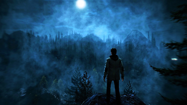 Обои картинки фото видео игры, alan wake, человек, лес, горы, туман