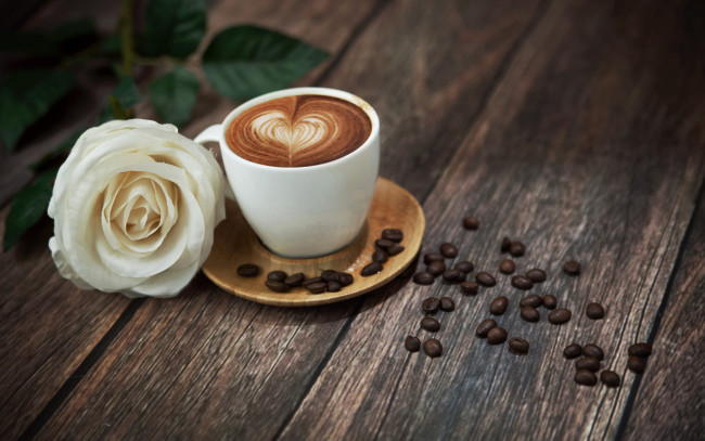 Обои картинки фото еда, кофе, кофейные, зёрна, зерна, роза, сердечко