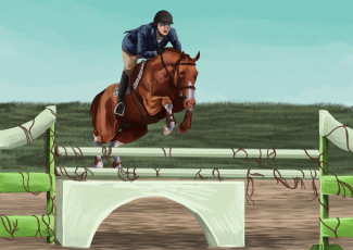 Картинка рисованные животные +лошади лошадь всадник прыжок