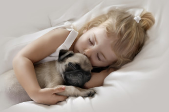 Картинка рисованные дети сон собака девочка