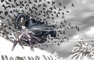 Картинка фэнтези маги +волшебники коса колдунья девушка вороны снег горы