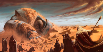 Картинка фэнтези существа люди песок гигант суета монстр пустыня