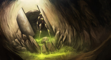 Картинка фэнтези существа существо капсула трава пещера
