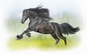 Картинка рисованные животные +лошади лошадь трава фон