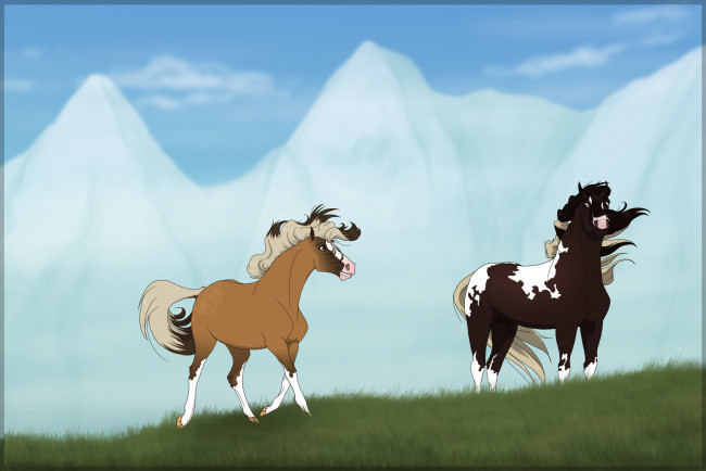 Обои картинки фото рисованные, животные,  лошади, горы, луг, лошади
