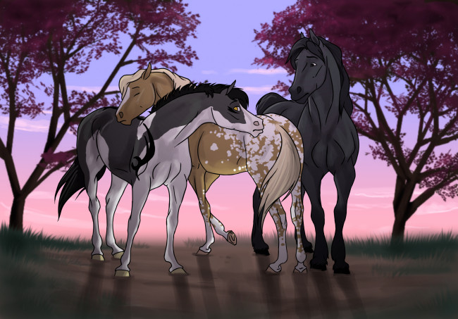Обои картинки фото рисованные, животные,  лошади, деревья, лошади