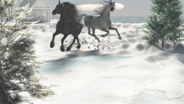Картинка 3д+графика животные+ animals лошади домик деревья снег фон