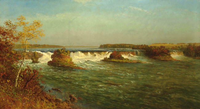 Обои картинки фото рисованное, живопись, albert, bierstadt, картина, пейзаж, небо, деревья, водопад, река, осень, пороги, облака