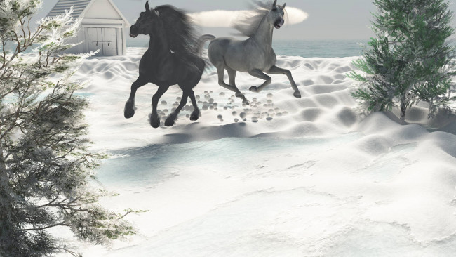 Обои картинки фото 3д графика, животные , animals, лошади, домик, деревья, снег, фон