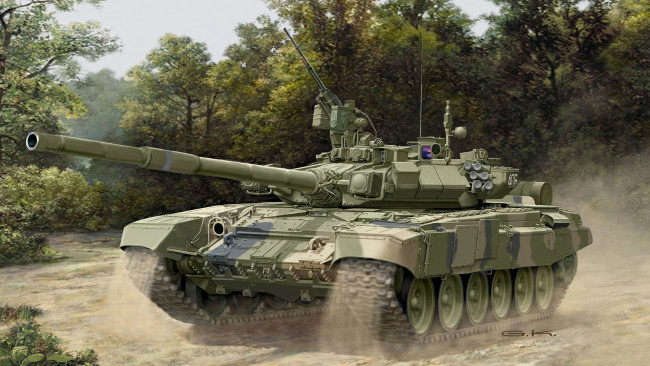 Обои картинки фото рисованное, армия, танк, т-90, российский, обт, калибр, пушки, 125-мм, пулеметы, 1x, 12, 7-мм, нсвт, и, корд, 7, 62-мм, пкт, выдвигается, на исходную, позицию, полигон, учения, россия, художник, g.klawek