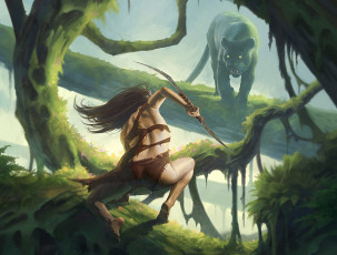 Картинка фэнтези красавицы+и+чудовища арт деревья растения девушка охотница лук хищник пантера